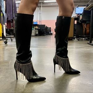 Leather heeled boots with crystal fringe